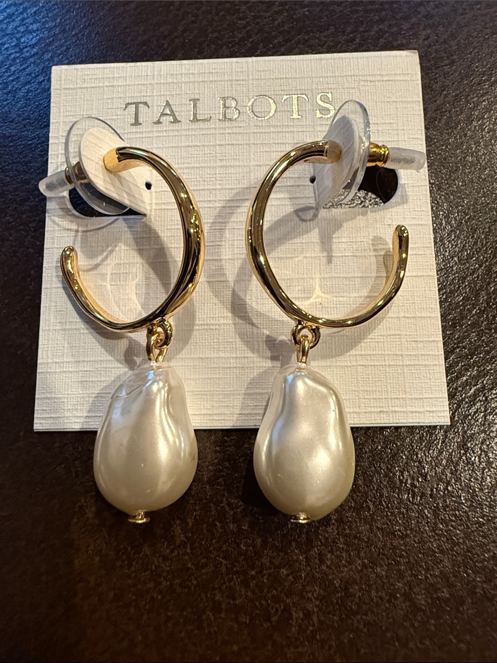 Talbots Gold Hoop Earrings with Ivory Pearl Drops NWT